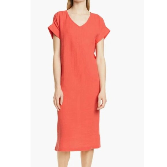 Eileen Fisher Shift Cotton Dress Womens Large Orange Short Sleeve Lightweight - Picture 2 of 7